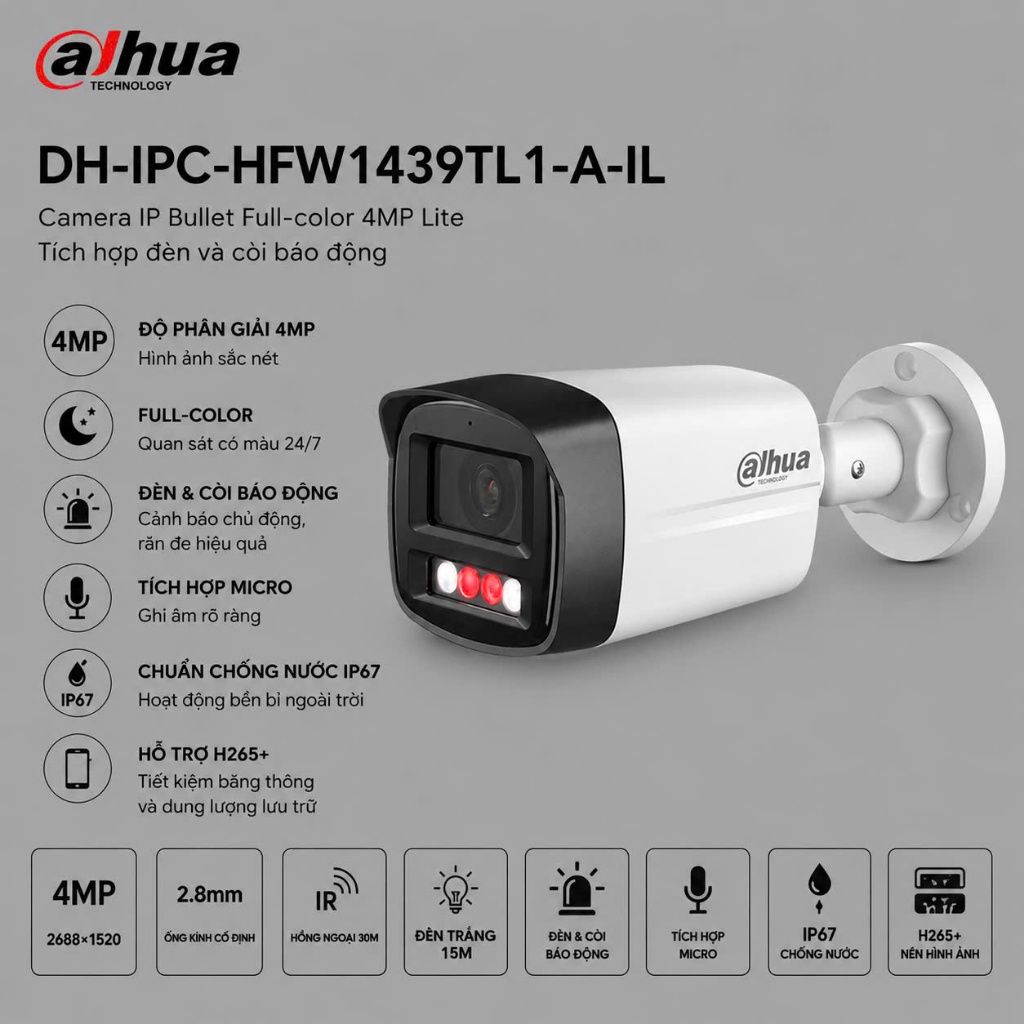Camera Dahua DH-IPC-HFW1439TL1-A-IL 4MP ánh sáng kép thông minh ghi hình ban đêm có màu