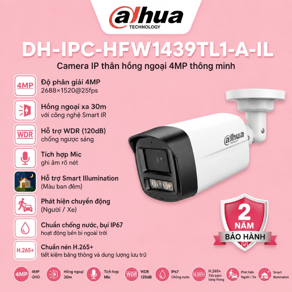 Camera IP Dahua DH-IPC-HFW1439TL1-A-IL 4MP Full Color ánh sáng kép ghi hình rõ ban đêm