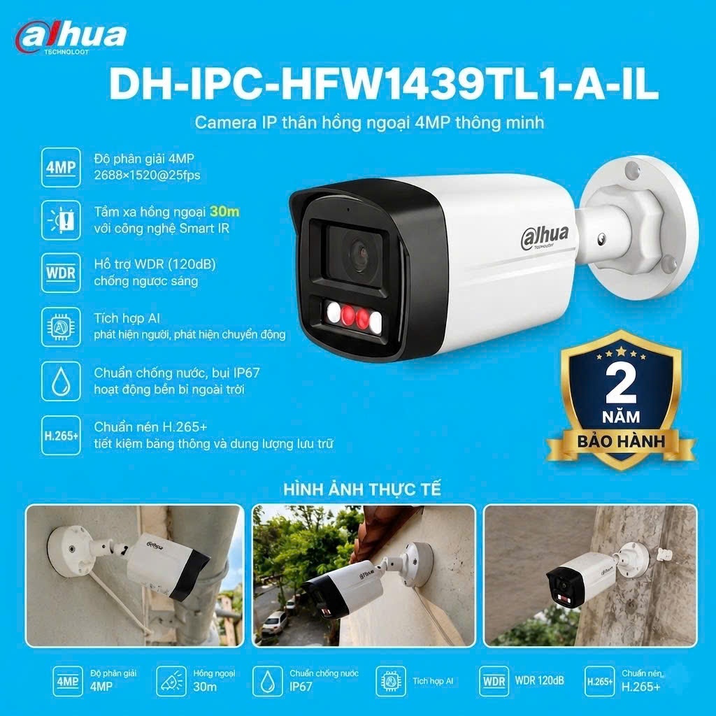 Camera IP Dahua DH-IPC-HFW1439TL1-A-IL 4MP Full Color chống nước ghi hình ban đêm rõ nét