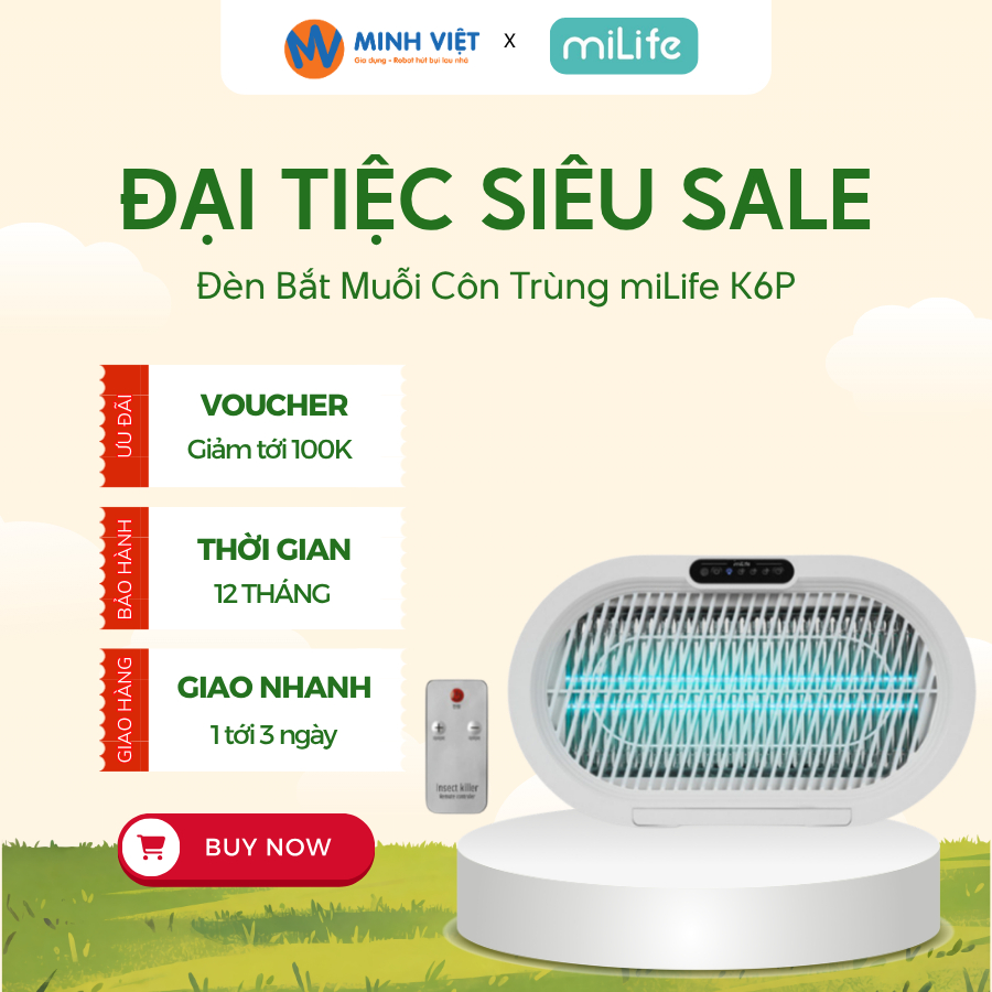 Đèn Bắt Muỗi Côn Trùng miLife K6P - Thu Hút Muỗi, Bắt Côn Trùng Hiệu Quả -BH 12 Tháng- Minh Việt