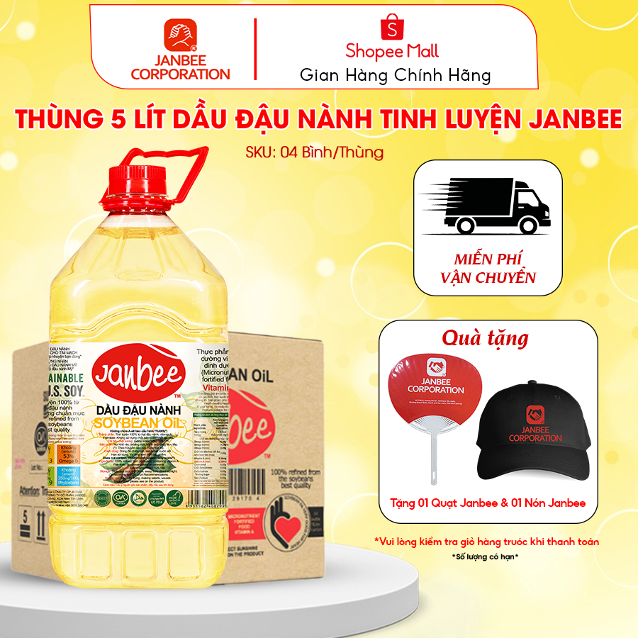 Dầu Đậu Nành Janbee Thùng 5 Lít 4 Chai – Nguyên Chất 100%, Không Trans Fat, Tốt Cho Tim Mạch