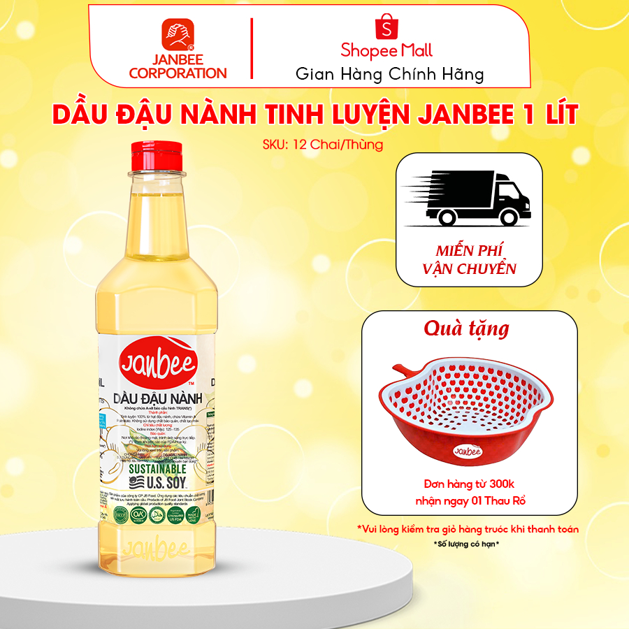Dầu Đậu Nành Janbee Chai 1 Lít Nguyên Chất 100%, Không Trans Fat