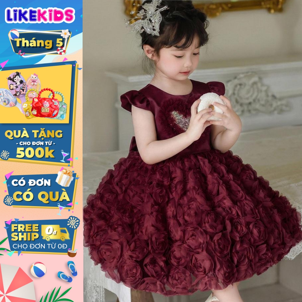 Đầm váy công chúa cao cấp, sang trọng cho bé gái hoạ tiết TRÁI TIM XÙ (kèm cài) MH43 D56 - LikeKids