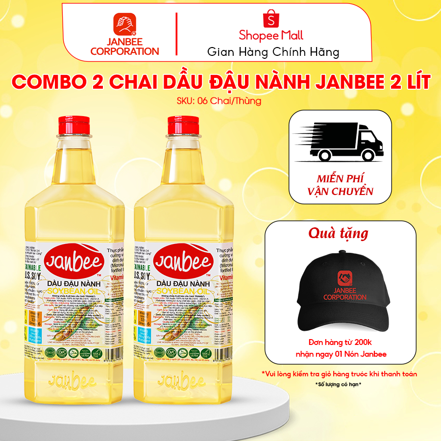 Dầu Đậu Nành Janbee - Combo 2 chai 2 Lít - Nguyên Chất 100%, Không Trans Fat