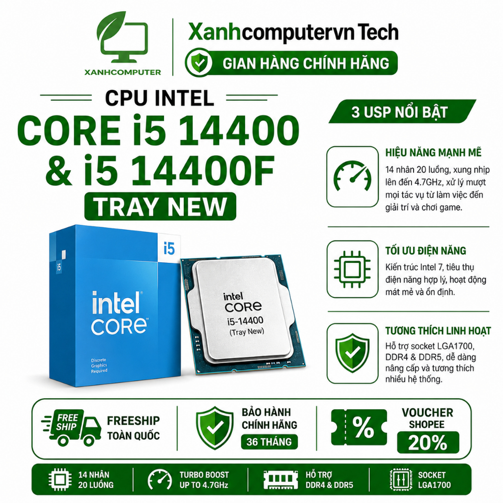 CPU Intel Core i5 14400/14400F Tray New Không Fan - Bảo hành 36 tháng