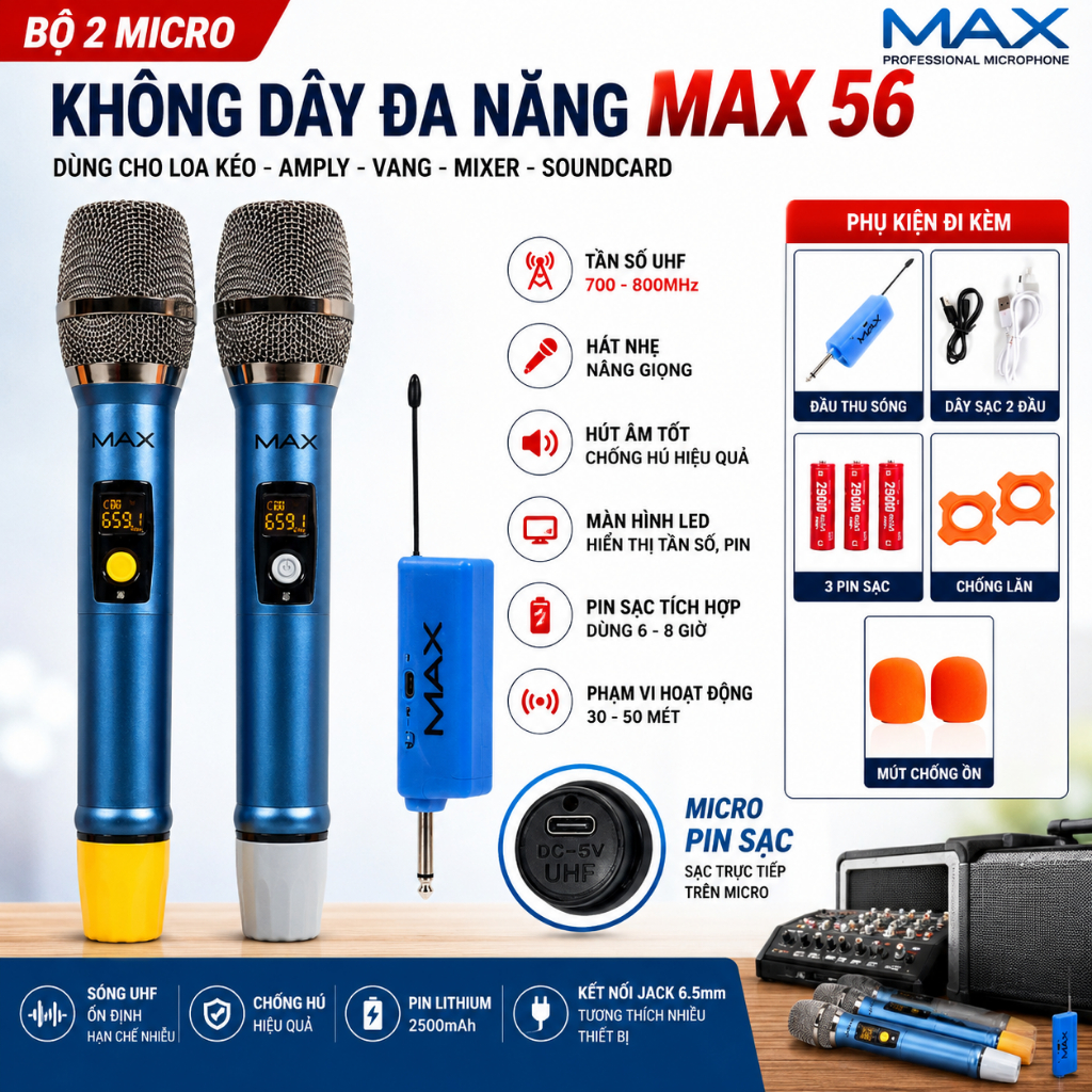 Micro Không Dây MAX 56 , Chống Hú, Âm Thanh Mượt, Tiếng Sáng, 4 Râu Sóng Xa, Lọc Âm