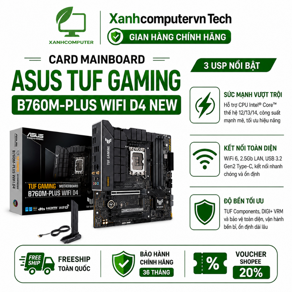 Mainboard ASUS TUF GAMING B760M-PLUS WIFI D4 New chính hãng BH 36 Tháng
