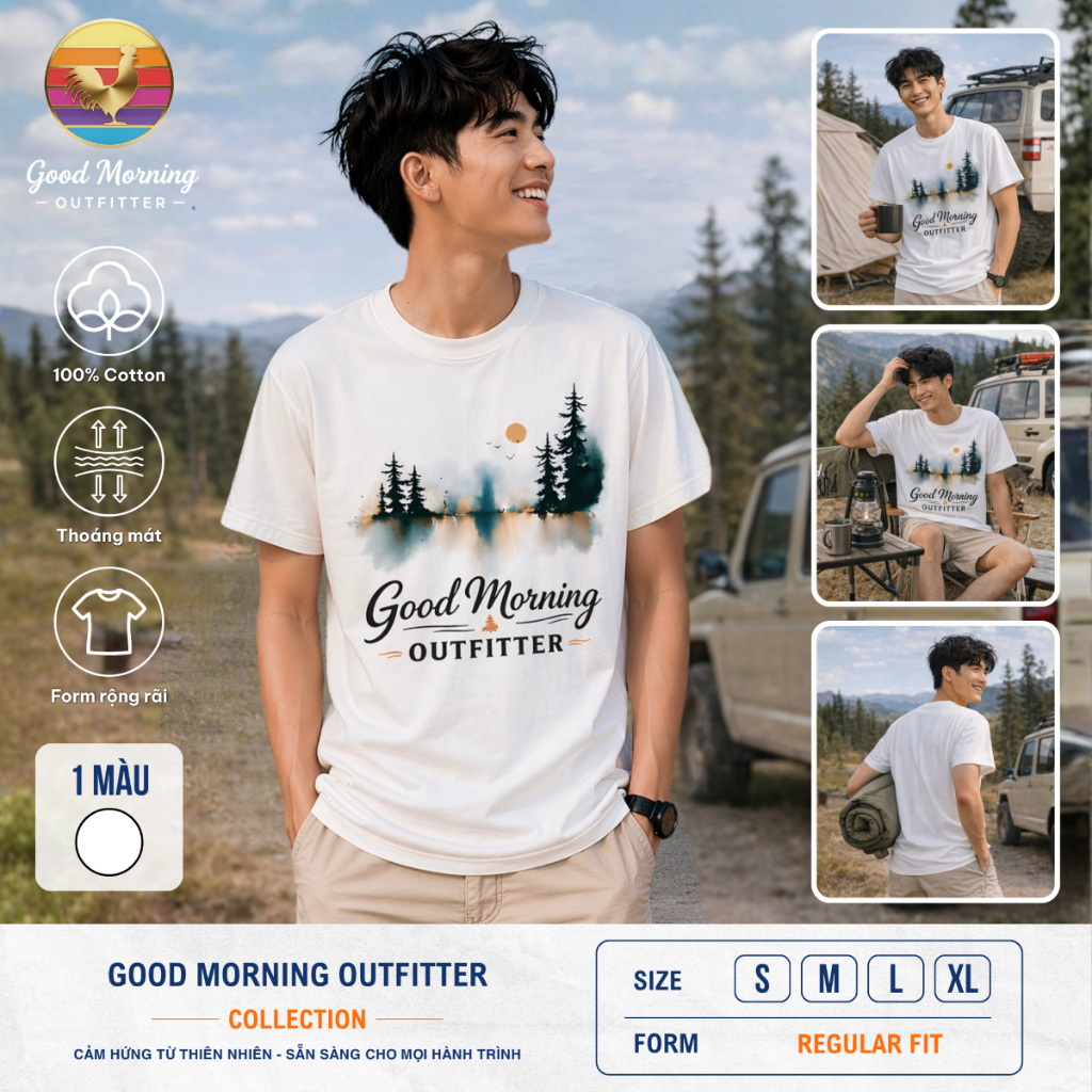 GM-001: Áo Thun Nam Ngắn Tay Good Morning Outfitter - Màu Trắng - Chất Cotton Mềm Mại - Thấm Hút Tốt