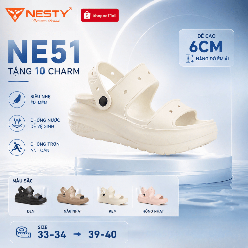 [NE51] - [Tặng 10 Charm 3D ] Dép Sandal Nữ Đế Cao 6cm Đúc Nguyên Khối Thương Hiệu NESTY