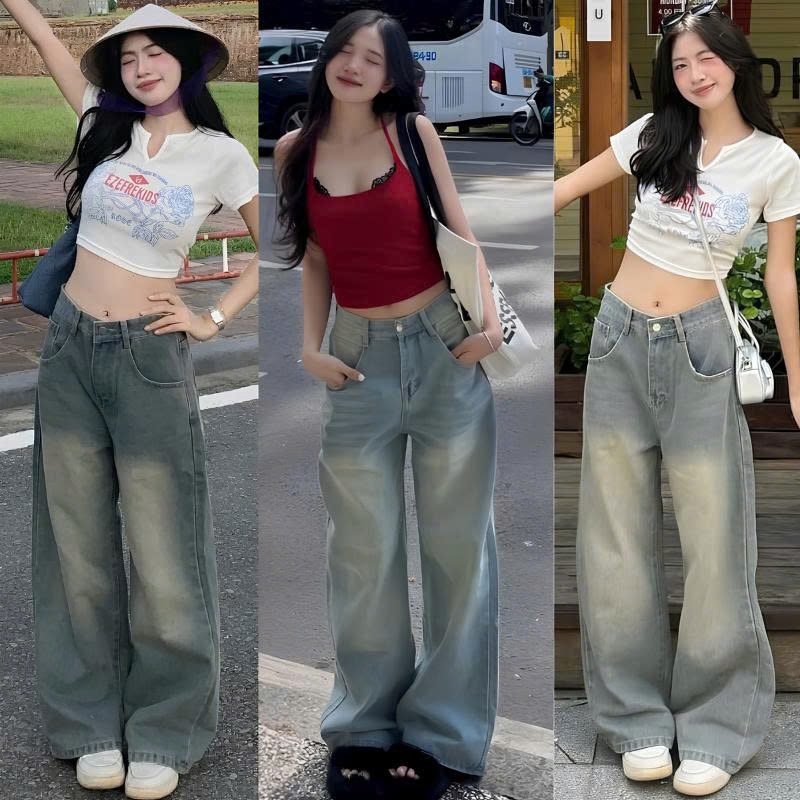 Quần Jeans Ống Suông Rộng Đứng MIAA Cạp Cao BIG SIZE Màu RETRO , Quần Bò Ống Rộng Chất Jean Mềm