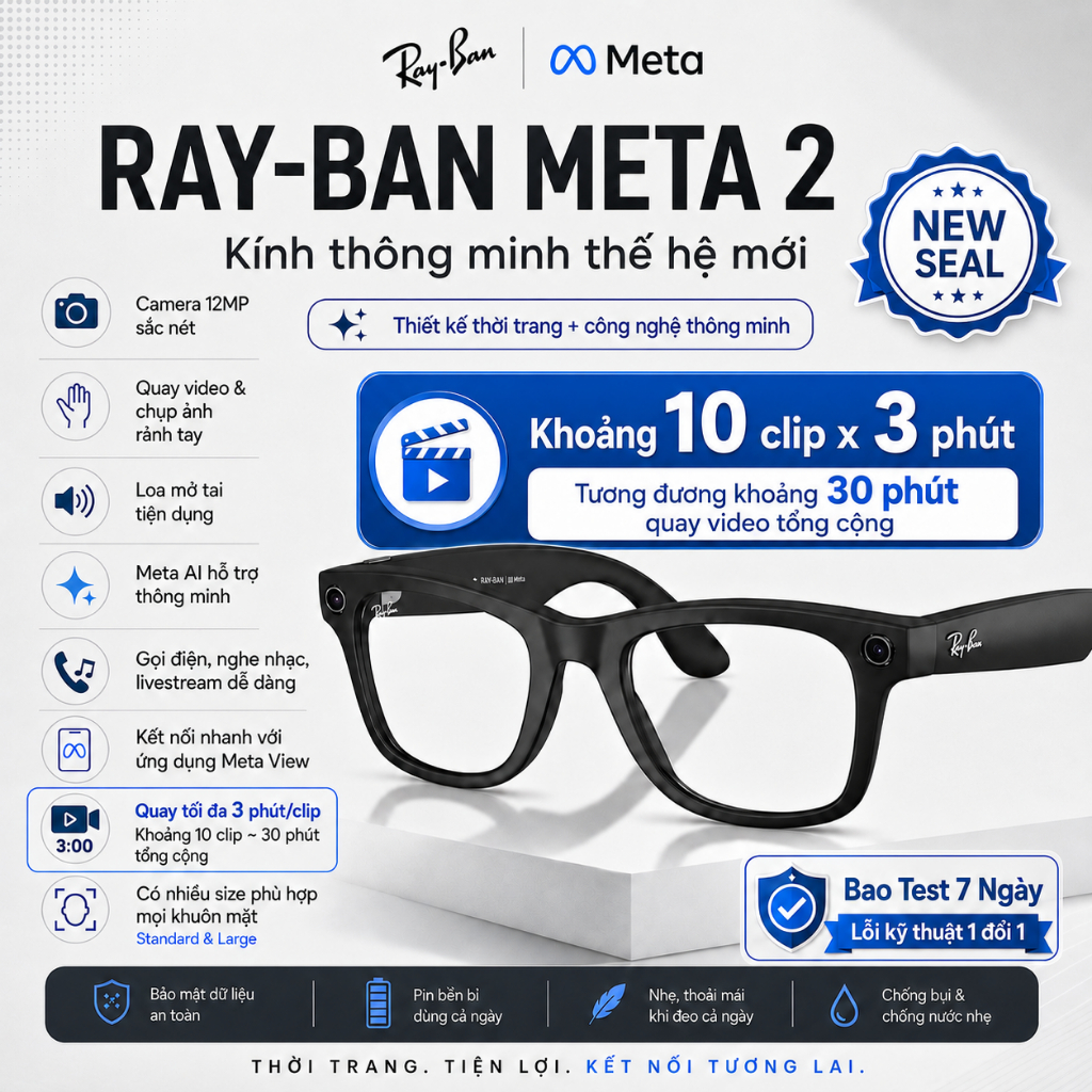 Kính Thông Minh Rayban Meta Gen 2 Wayfarer Chính Hãng, New Seal