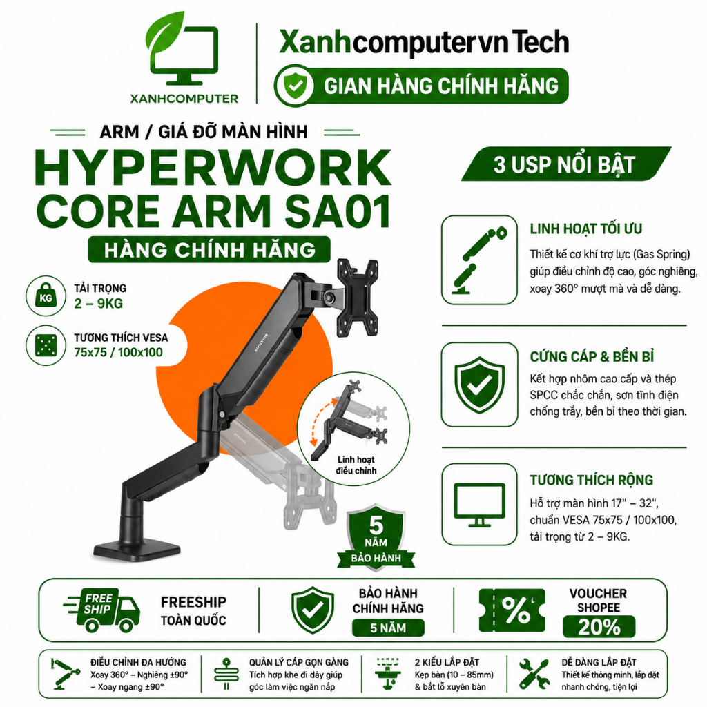 ARM / Giá đỡ màn hình HyperWork Core Arm SA01- Hàng Chính Hãng