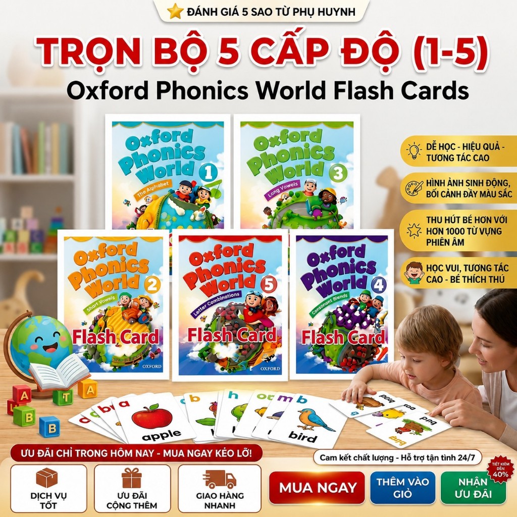 Bộ Thẻ Flashcard Oxford Phonics World 1-5 Học Tiếng Anh Phonics Cho Bé