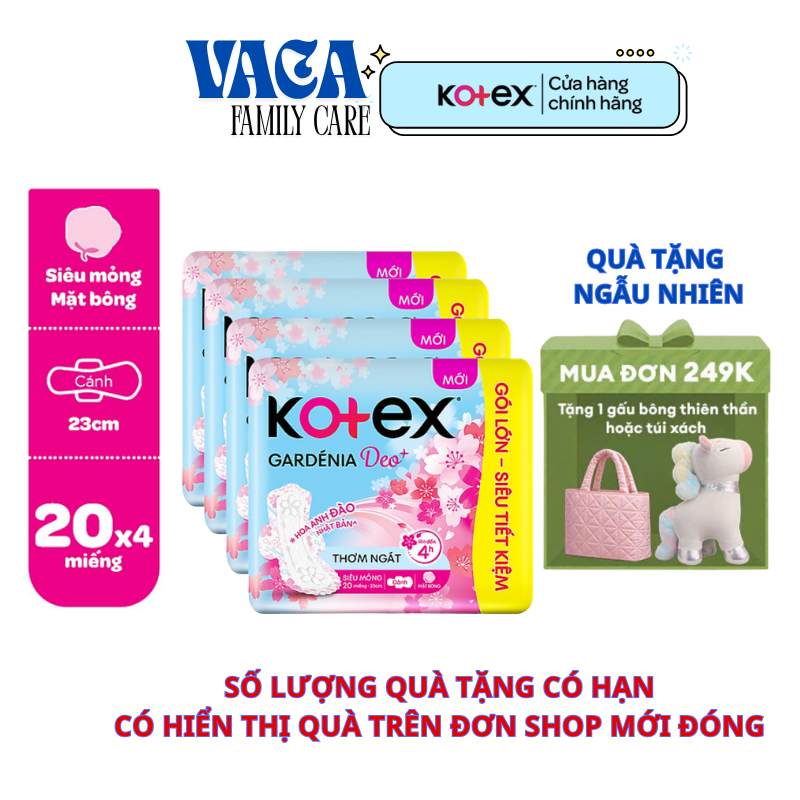 Combo 4 gói Kotex Gardenia Deo+ Hoa Anh Đào Siêu Mỏng Cánh 20 Miếng 23cm