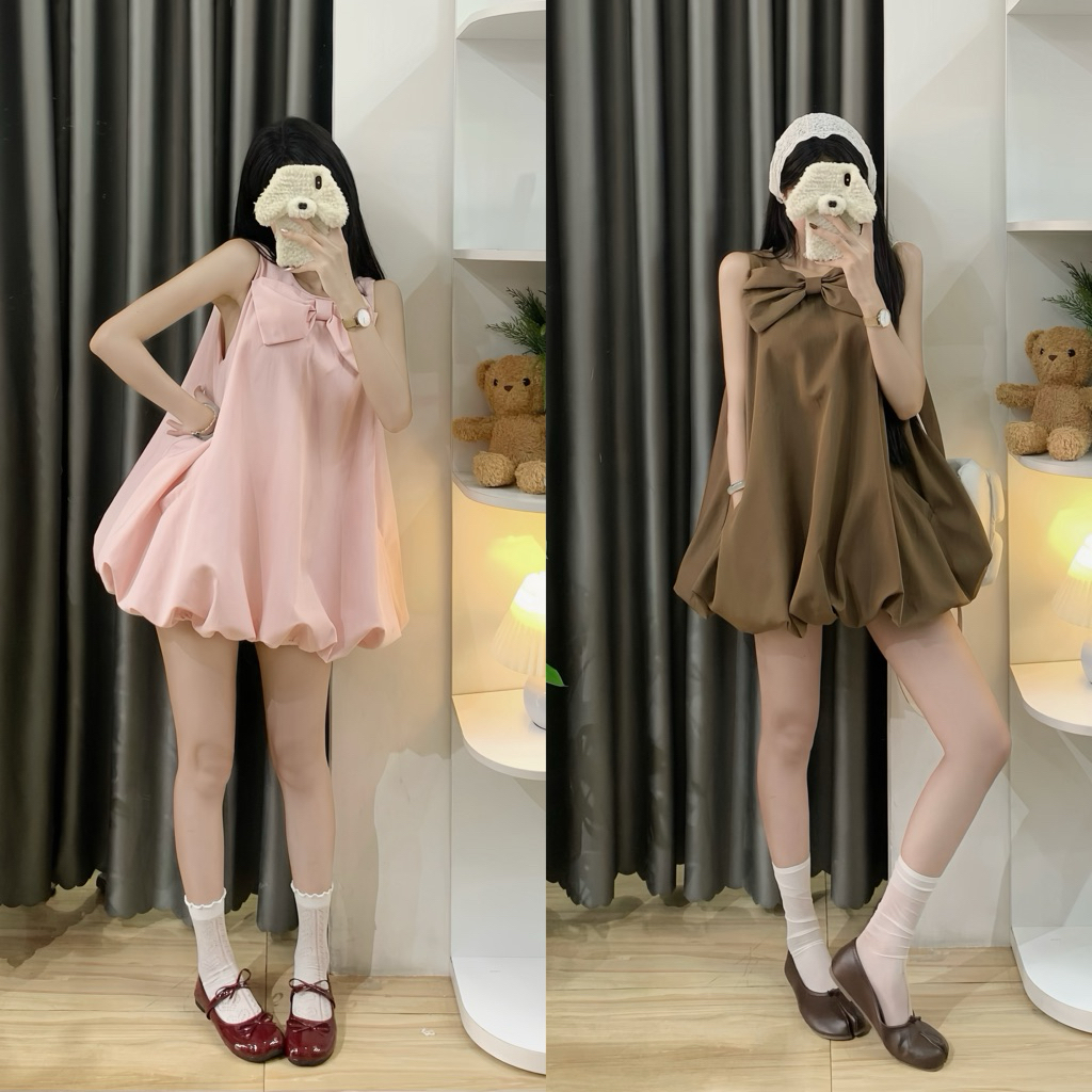 | Hình thật Hta.boutique | Váy - Đầm babydoll bí phồng sát nách cổ nơ có túi