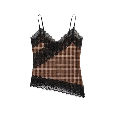 TUBYCATU Áo 2 Dây Phối Ren Vạt Chéo Họa Tiết Caro Rosy Plaid Cami Quyến Rũ Đi Tiệc