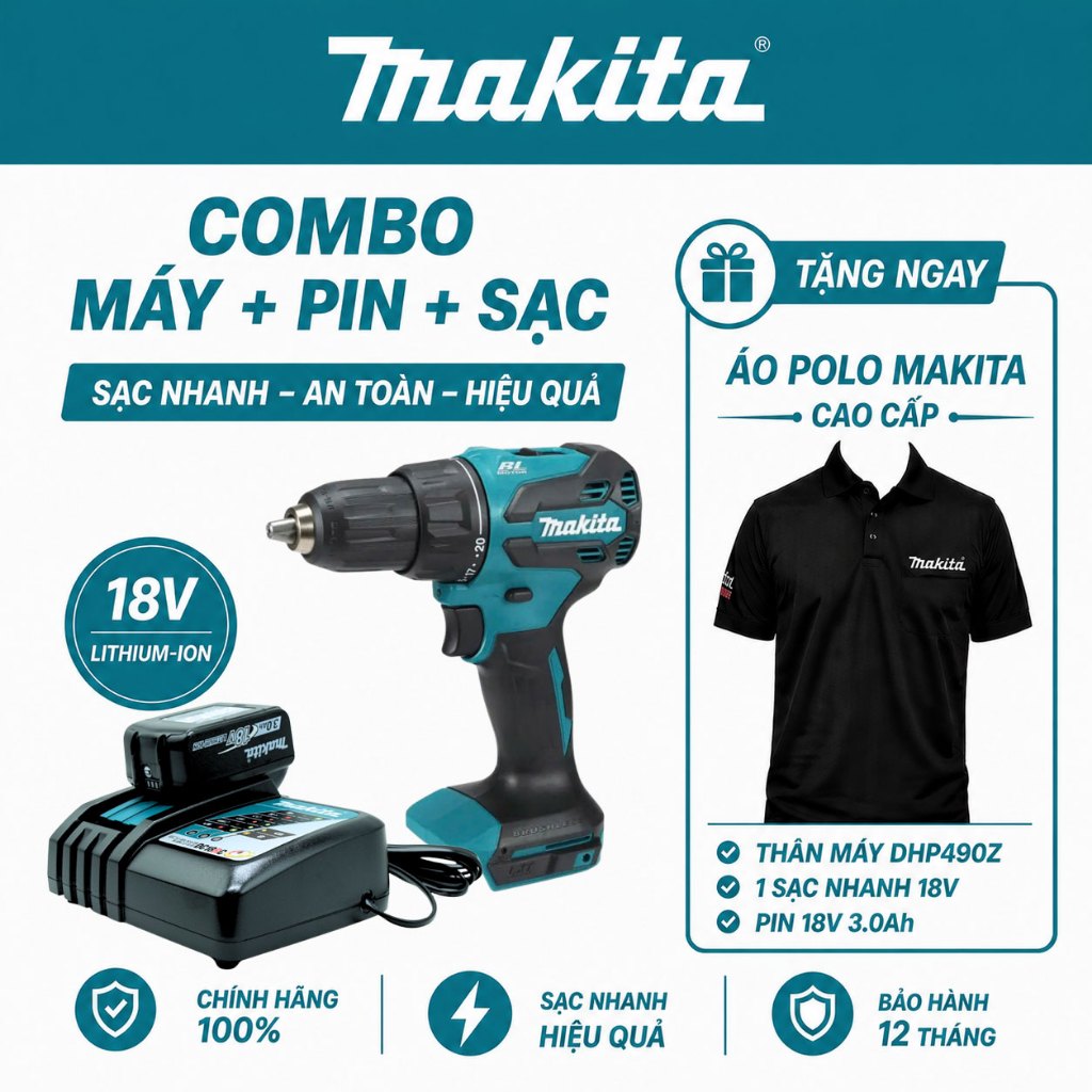 Combo Máy Khoan Búa Makita DHP490z + 1 Pin 18v 3.0ah + 1 sạc nhanh 18V