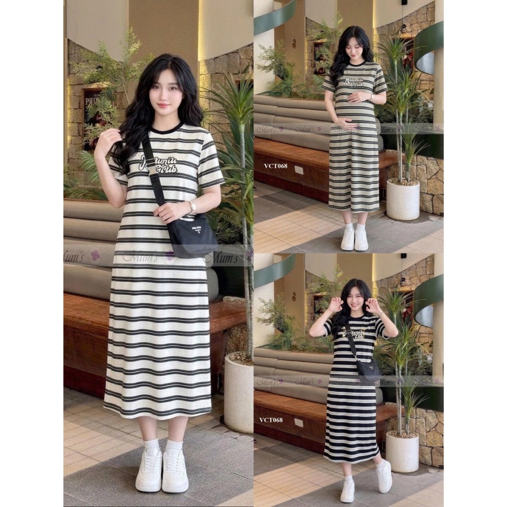 Váy bầu suông cotton kẻ trẻ trung dễ thương năng động Mum's Shop VCT068