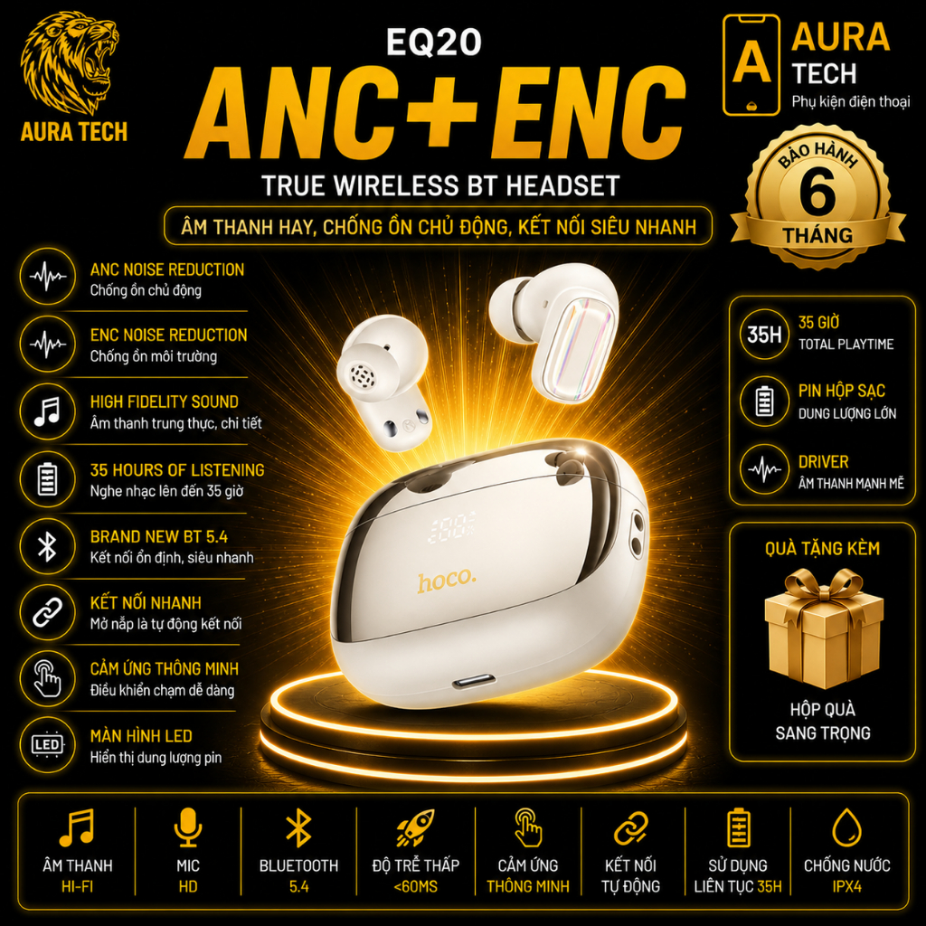 HOCO EQ20 Original True Wireless ANC + ENC Giảm tiếng ồn Tai nghe không dây Bluetooth 5.4