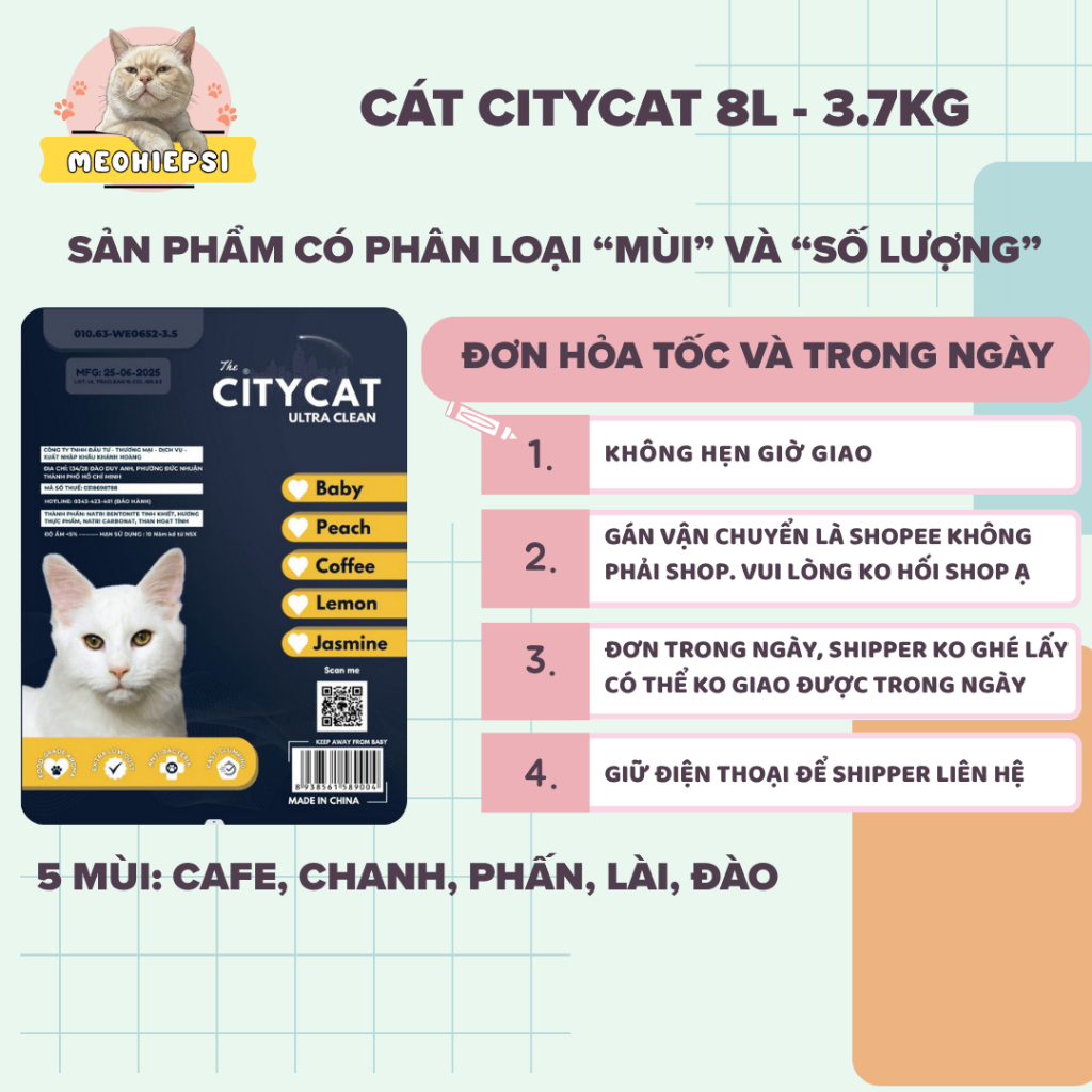 COMBO 8,9,10 túi cát citycat, đất/cát vệ sinh cho mèo vón tốt, khử mùi và ít bụi - City cat 8L