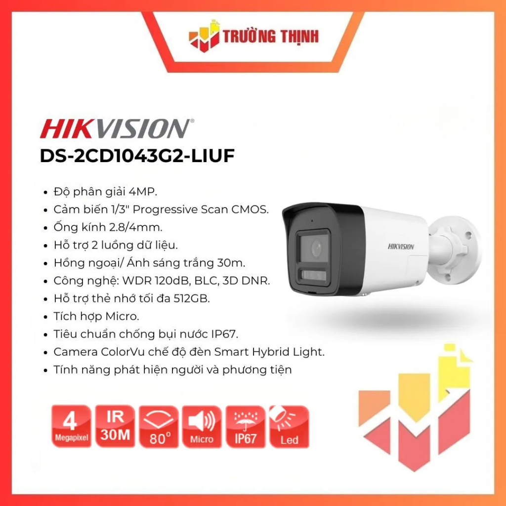 Camera ngoài trời Hikvision DS-2CD1043G2-LIUF | Hồng ngoại + ánh sáng trắng 30m | Chuẩn IP 67 | 4MP