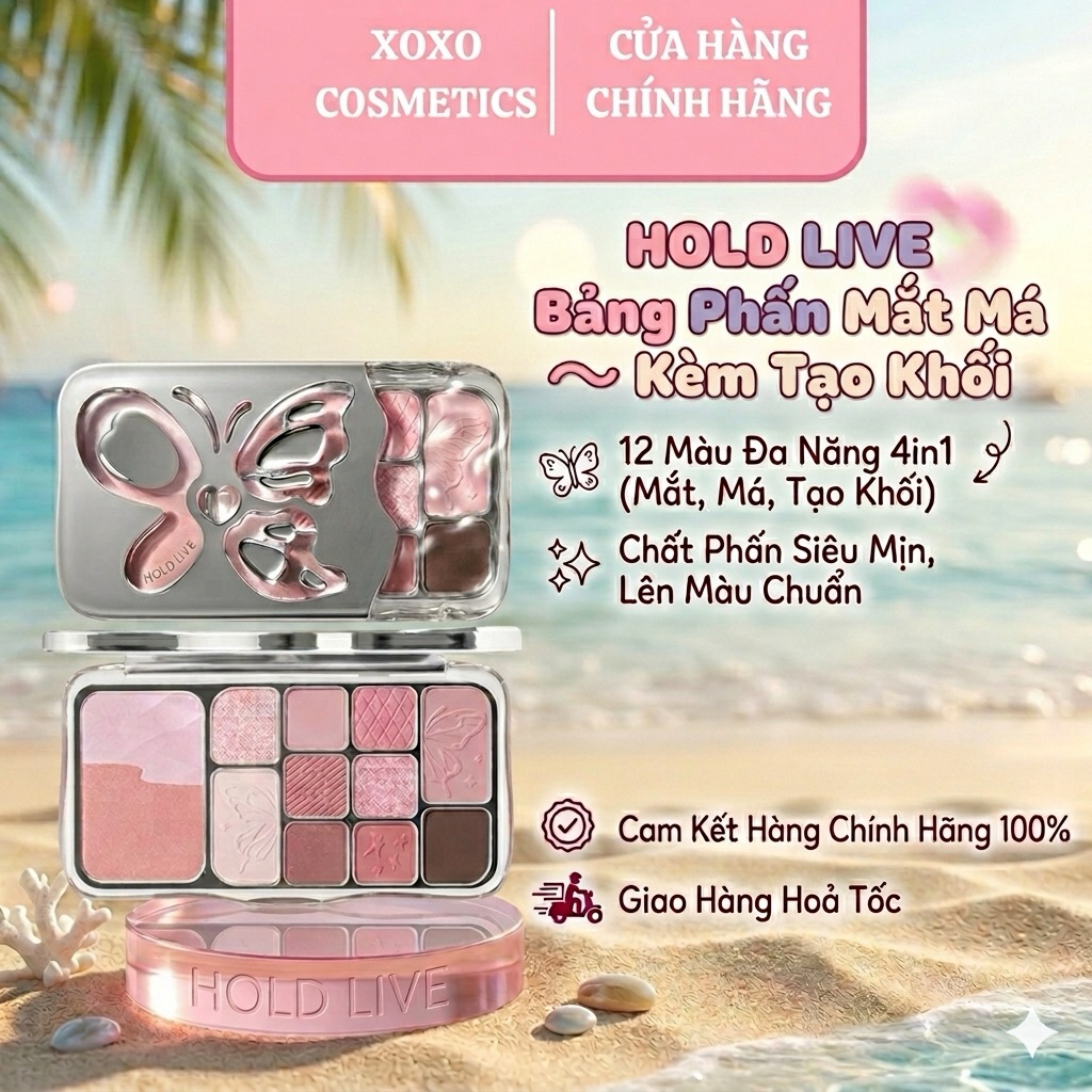 [HOLD LIVE] Bảng Phấn Mắt Má Kèm Tạo Khối 12 Màu 4in1 Hold Live Mist Butterfly Shadow Hồng Lạnh HL79
