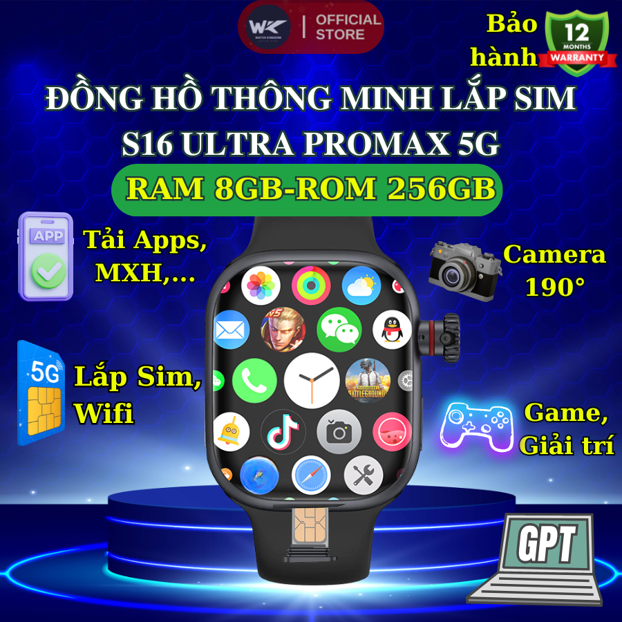 Đồng Hồ Thông Minh S16 Ultra ProMax 5G, Nghe Gọi, Lắp Sim, Chơi Game Tải Ứng Dụng Màn Hình Siêu Mượt