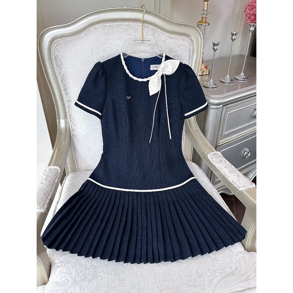 ZAMY SHOP - Váy thiết kế phối nơ chân dập ly, váy tiểu thư, váy đi chơi, đi làm sang trọng