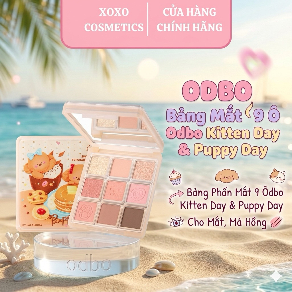 [ODBO] Bảng Phấn Mắt 9 Ô Odbo OD2024 Kitten Day & Puppy Day Mèo & Cún Con Cho Mắt, Má Hồng Thái Lan