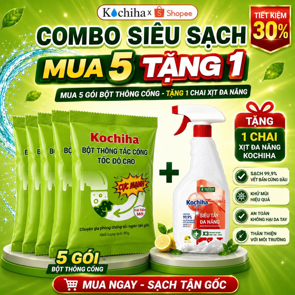 【MUA 5TẶNG 1】Combo Siêu Sạch Kochiha – Mua 5 Gói Bột Thông Cống Tặng 1 Xịt Đa Năng