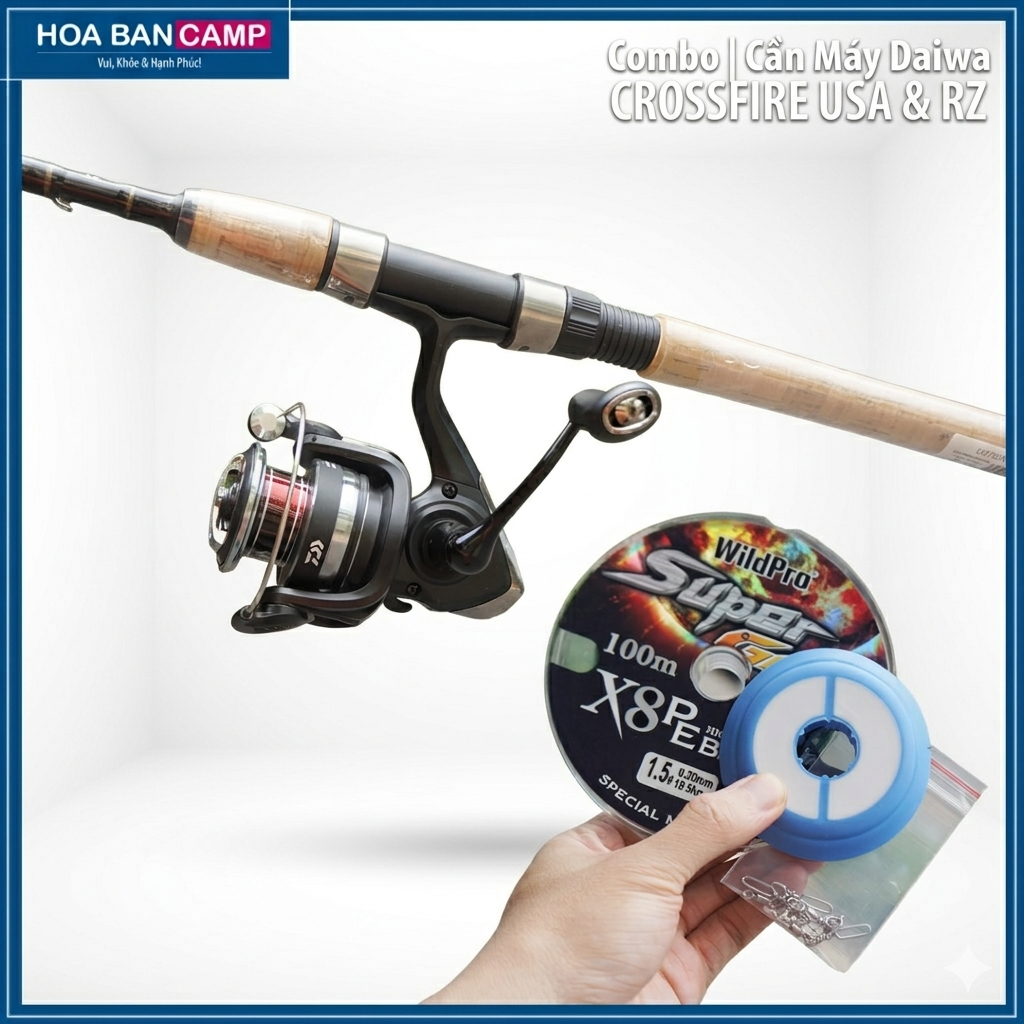 Combo Cần Máy Dọc Daiwa USA CrossFire 702MFS, Máy RZ 2500, Dây PE WildPro, Leader, Khóa Link