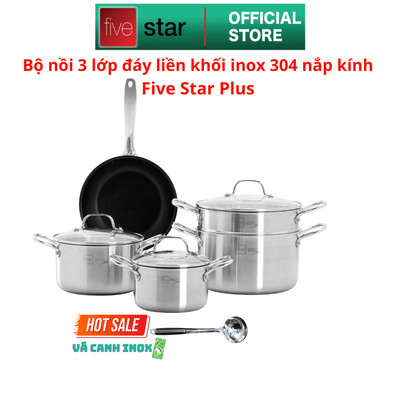 Bộ Nồi Chảo Inox 304 Fivestar Plus FPB5006 - 5 Món Đúc Liền Khối, Nắp Kính , Dùng Được Mọi Bếp , Tặng 1 Vá Canh