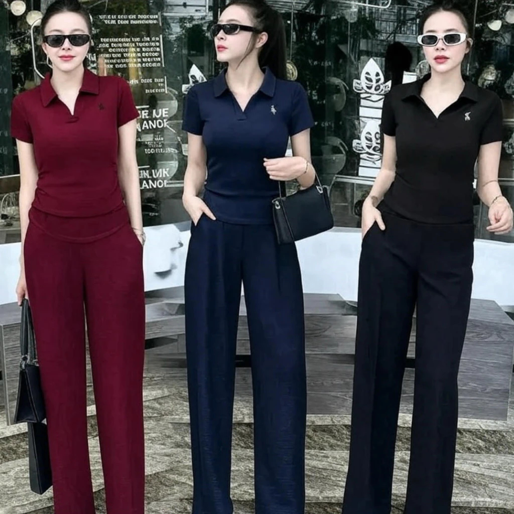 Set bộ nữ JIMA cổ bẻ tay ngắn nhún eo che bụng mỡ quần dài form đẹp chất thun hè 144