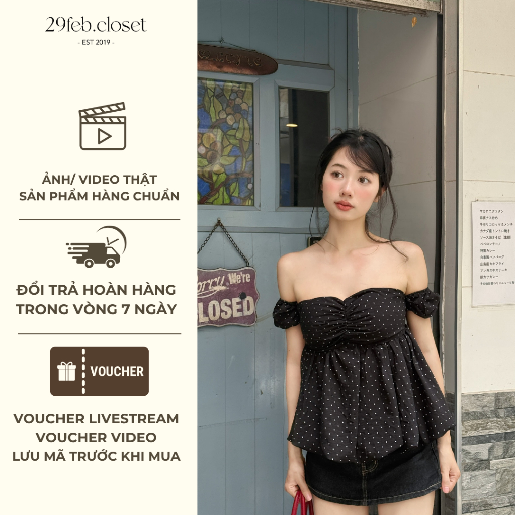 Áo trễ vai họa tiết bi nhí, Áo kiểu nữ trễ vai họa tiết bi nhí dành cho mùa hè - 29feb.closet – A598 | BigBuy360 - bigbuy360.vn