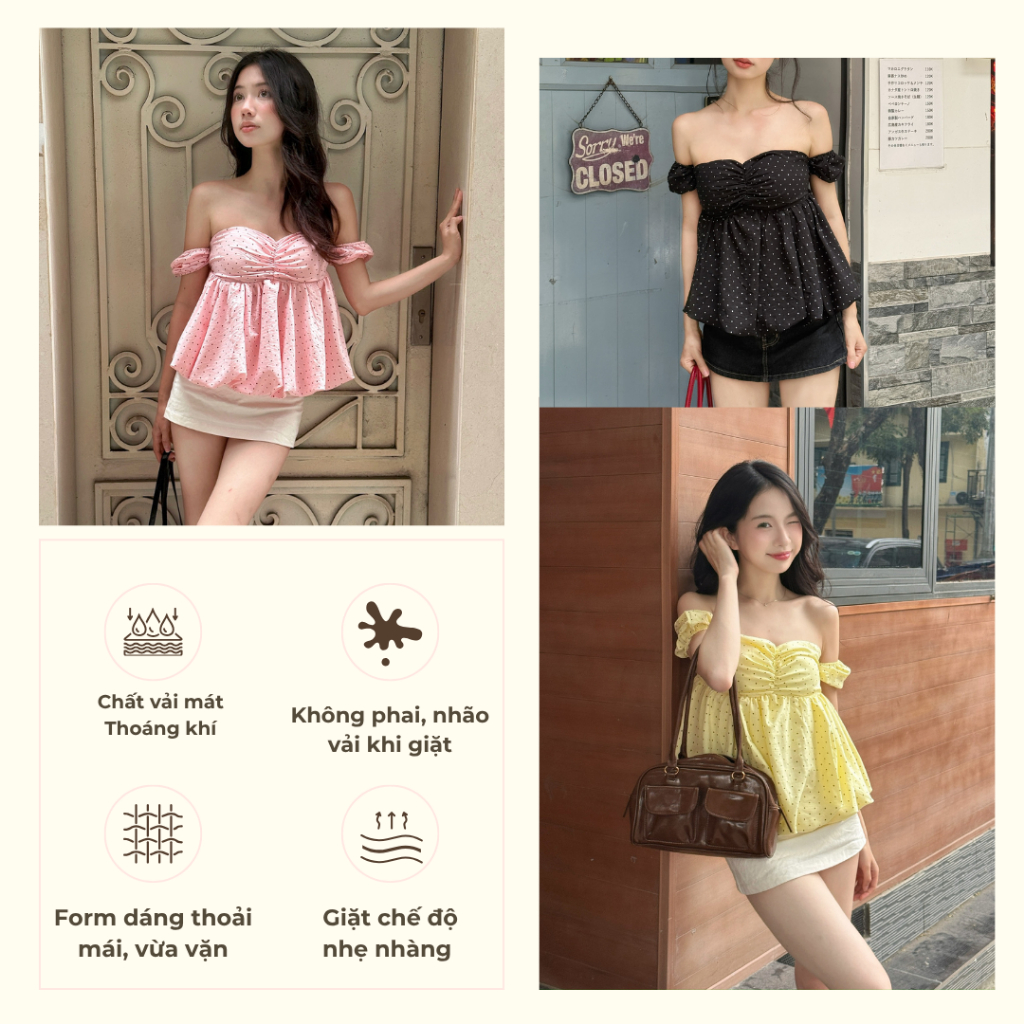 Áo trễ vai họa tiết bi nhí, Áo kiểu nữ trễ vai họa tiết bi nhí dành cho mùa hè - 29feb.closet – A598 | BigBuy360 - bigbuy360.vn
