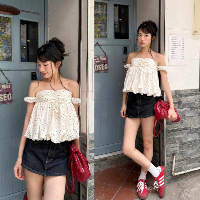 Áo trễ vai họa tiết bi nhí, Áo kiểu nữ trễ vai họa tiết bi nhí dành cho mùa hè - 29feb.closet – A598 | BigBuy360 - bigbuy360.vn