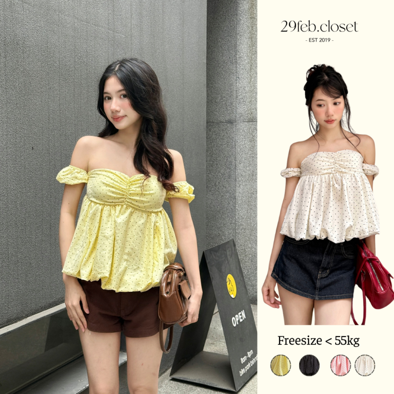 Áo trễ vai họa tiết bi nhí, Áo kiểu nữ trễ vai họa tiết bi nhí dành cho mùa hè - 29feb.closet – A598 | BigBuy360 - bigbuy360.vn