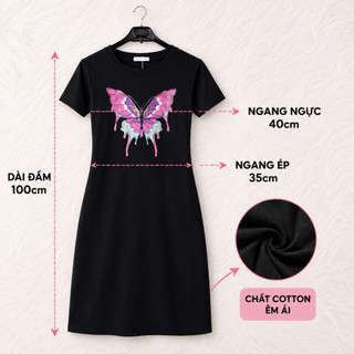 Đầm thun cotton Quảng Châu cao cấp dáng suông họa tiết bươm bướm form ôm nhẹ trẻ trung