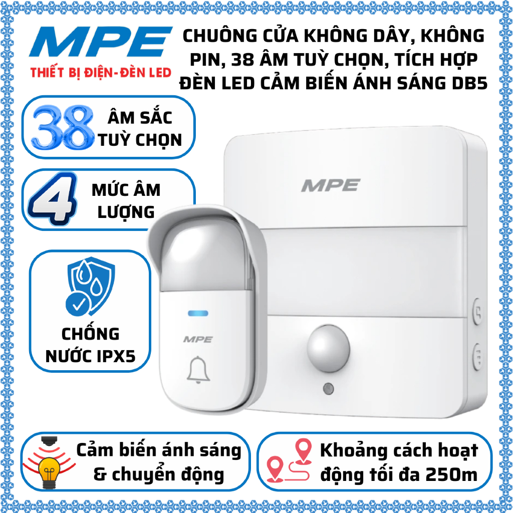 Chuông cửa không dây, không pin, 38 âm tuỳ chọn, tích hợp đèn Led cảm biến ánh sáng MPE DB5