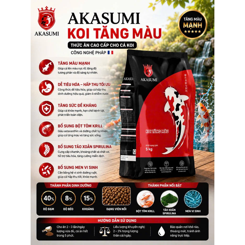 Cám AKASUMI- TĂNG MÀU 40% độ đạm , cá tăng trưởng nhanh , bổ sung tảo xoắn Spriulina