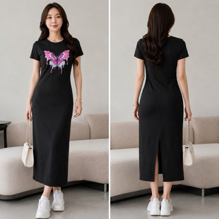 Đầm thun cotton Quảng Châu cao cấp dáng suông họa tiết bươm bướm form ôm nhẹ trẻ trung