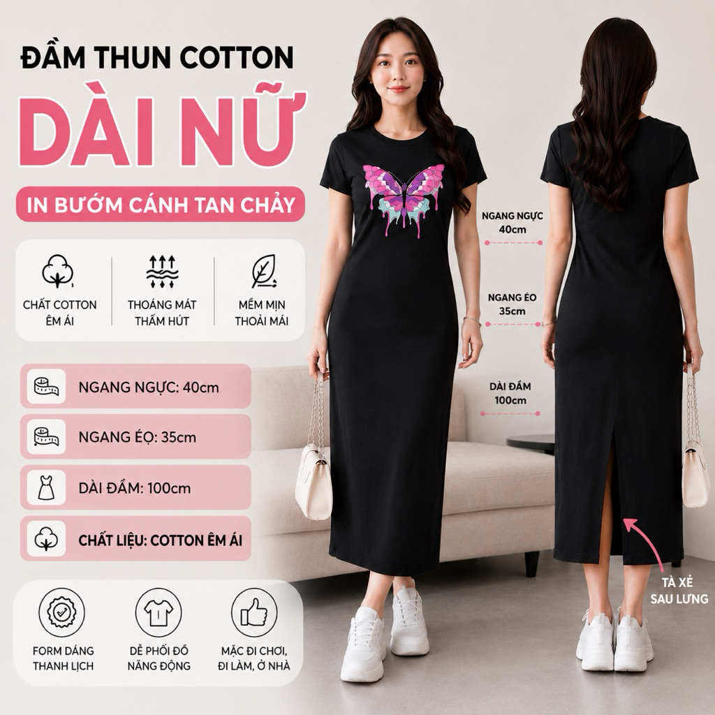 Đầm thun cotton Quảng Châu cao cấp dáng suông họa tiết bươm bướm form ôm nhẹ trẻ trung