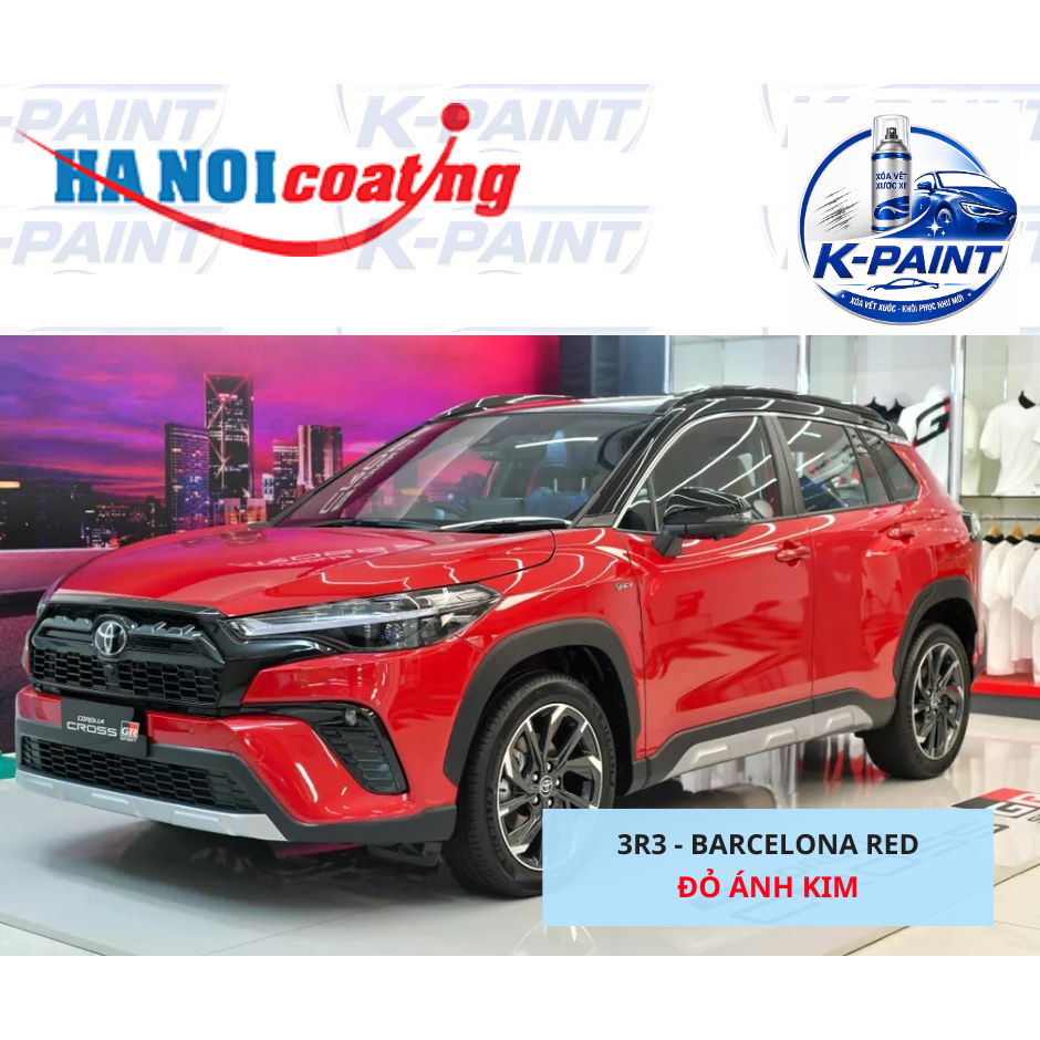 Sơn Xịt Xóa Vết Xước cho xe TOYOTA COROLLA CROSS màu ĐỎ ÁNH KIM mã màu 3R3 - BARCELONA RED chính hãn