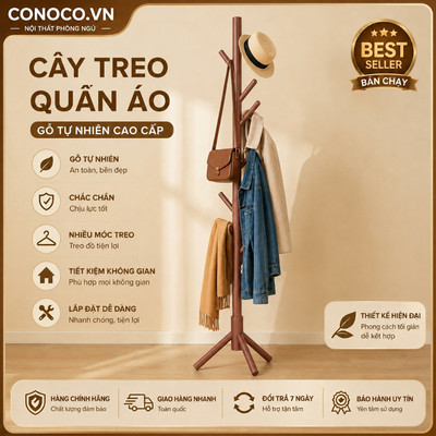CONOCO Giá treo quần áo đứng bằng gỗ 175cm cây treo áo túi mũ 3 chân tiết kiệm diện tích