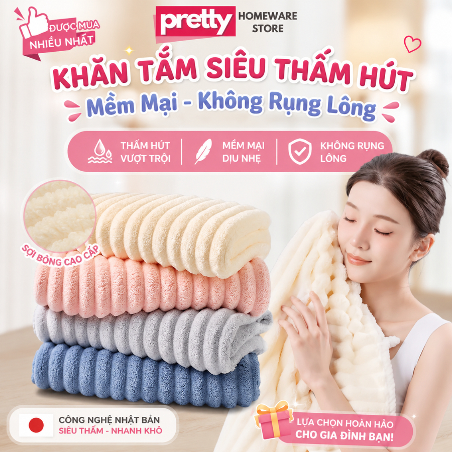 [HÀNG LOẠI 1] Khăn Tắm Cỡ Lớn 1M4 Siêu Thấm Hút Nước, Khăn Mặt Sợi Bông Cao Cấp Không Rụng Lông