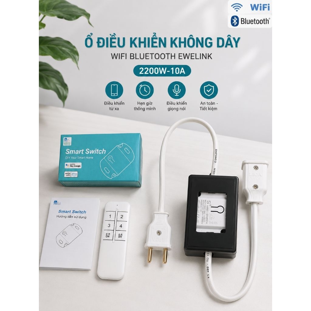 Ổ điện điều khiển không dây Wifi Bluetooth eWeLink 2200W-10A 1-Kênh