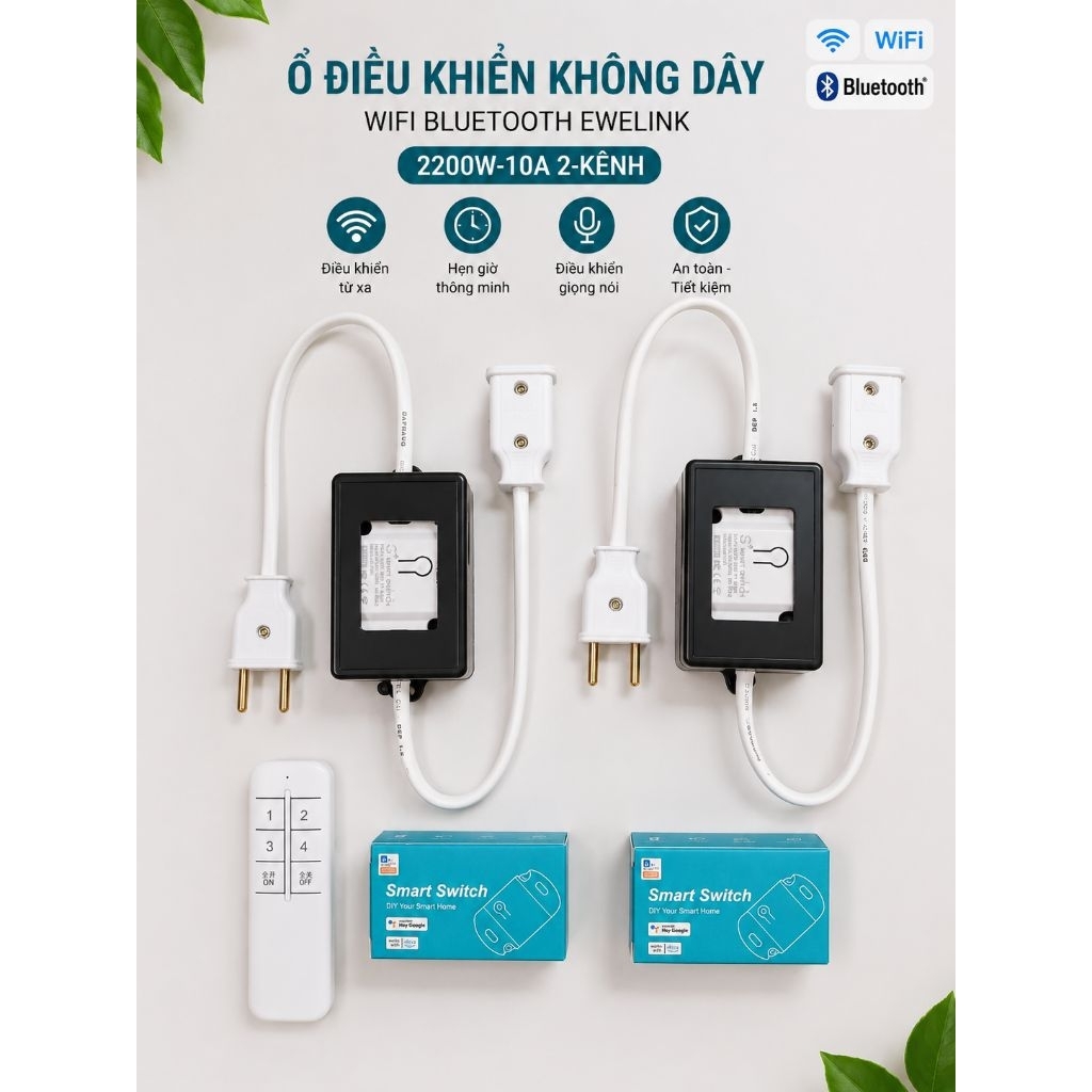 Ổ điện điều khiển không dây Wifi Bluetooth eWeLink 2200W-10A 2-kênh