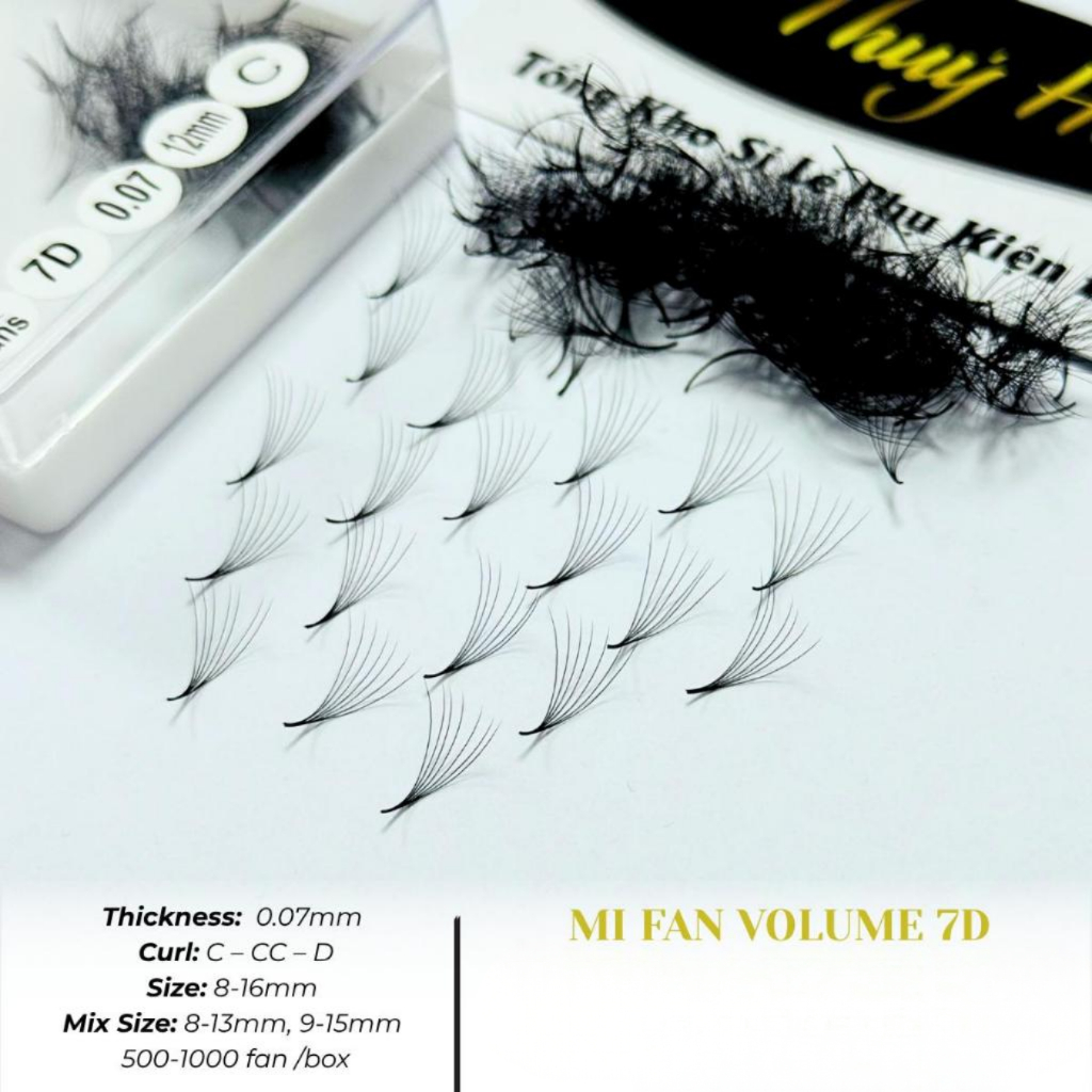 Mi Fan Sẵn 7D Dày 0.07 Cong C-CC-D, Dài 8mm-20mm, Mi Volume, Xòe Đều, Lông Mi Nhân Tạo Thúy Hà