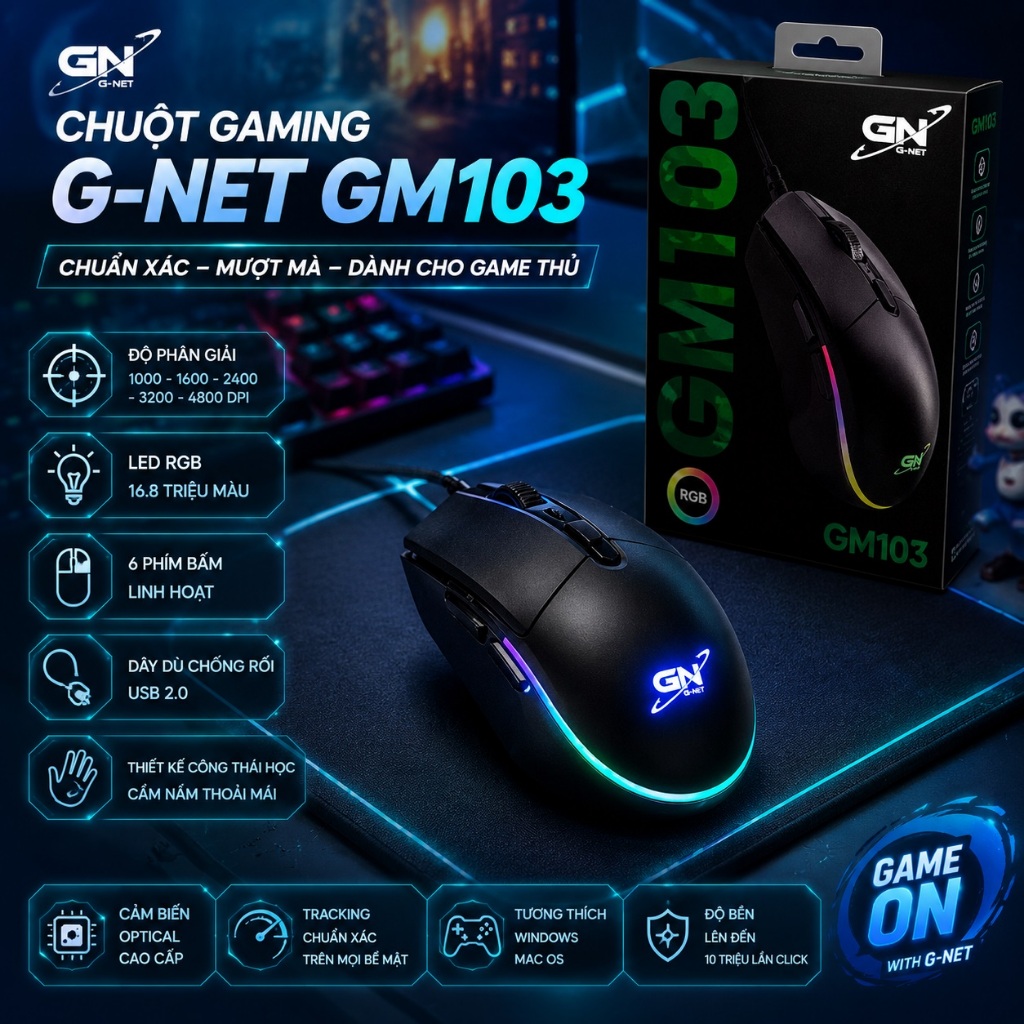 Thanh lý chuột gaming G-NET GM103 RGB 7200 DPI chính hãng loại 1 giá cực tốt