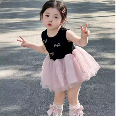 Váy Công Chúa Bé Gái Phối Thân Đen Nơ Đá Chân Váy Voan Hồng Bồng Bềnh MINTSCLOSET GV0447